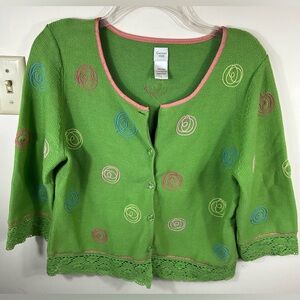 Garnet Hill Cardigan Women’s‎ L Green Crop Embroidered Lace Hem Preppy Colorful